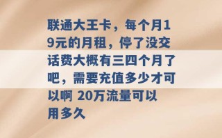 联通大王卡，每个月19元的月租，停了没交话费大概有三四个月了吧，需要充值多少才可以啊 20万流量可以用多久 