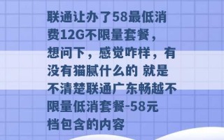 联通让办了58最低消费12G不限量套餐，想问下，感觉咋样，有没有猫腻什么的 就是不清楚联通广东畅越不限量低消套餐-58元档包含的内容 