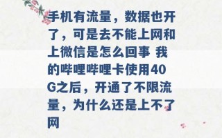 手机有流量，数据也开了，可是去不能上网和上微信是怎么回事 我的哔哩哔哩卡使用40G之后，开通了不限流量，为什么还是上不了网 