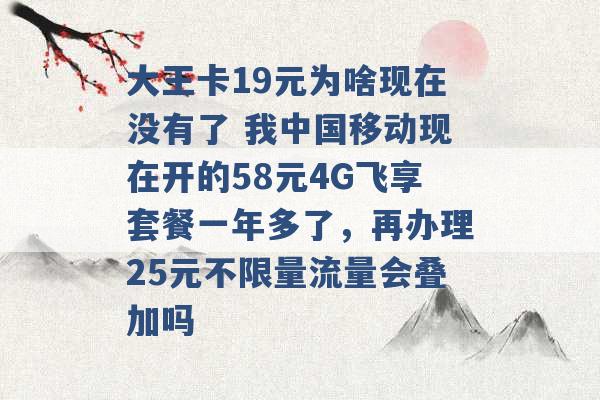 大王卡19元为啥现在没有了 我中国移动现在开的58元4G飞享套餐一年多了，再办理25元不限量流量会叠加吗 -第1张图片-电信联通移动号卡网