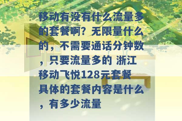 移动有没有什么流量多的套餐啊？无限量什么的，不需要通话分钟数，只要流量多的 浙江移动飞悦128元套餐具体的套餐内容是什么，有多少流量 -第1张图片-电信联通移动号卡网